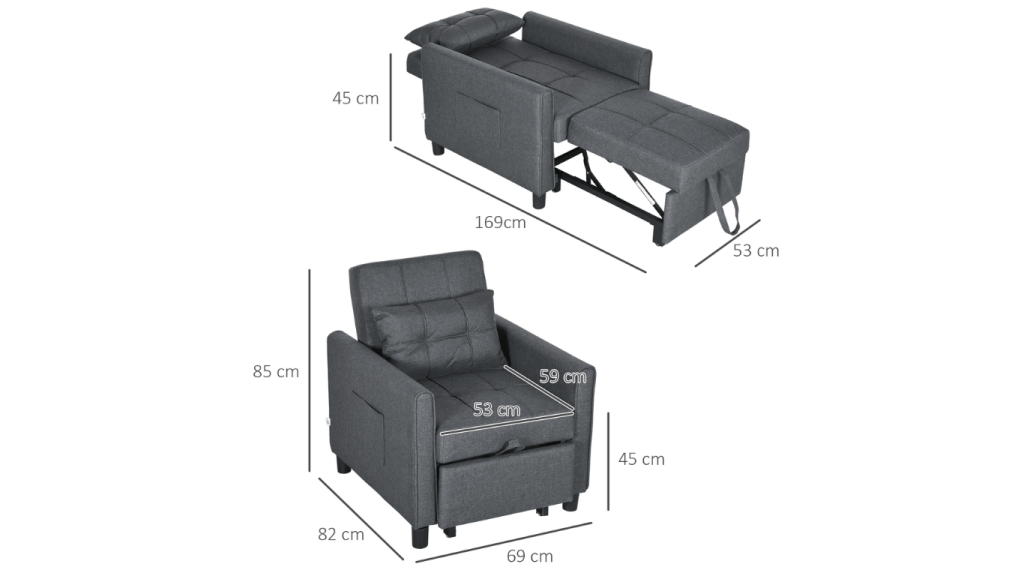 3. HOMCOM Canapea Extensibilă 3 în 1 – Fotoliu, Șezlong și Pat Multifuncțional